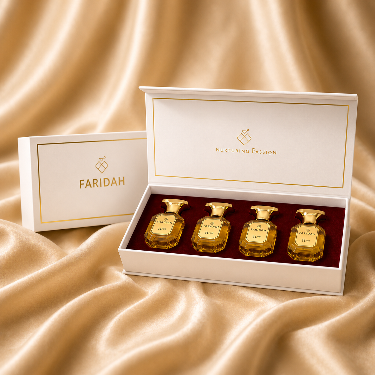 Royal Gift Set 30ml - Faridah luxury perfume gift box with four gold-capped bottles in white presentation box