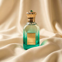 Emerald Gems Collection by Faridah luxury non-alcoholic perfume in green glass bottle