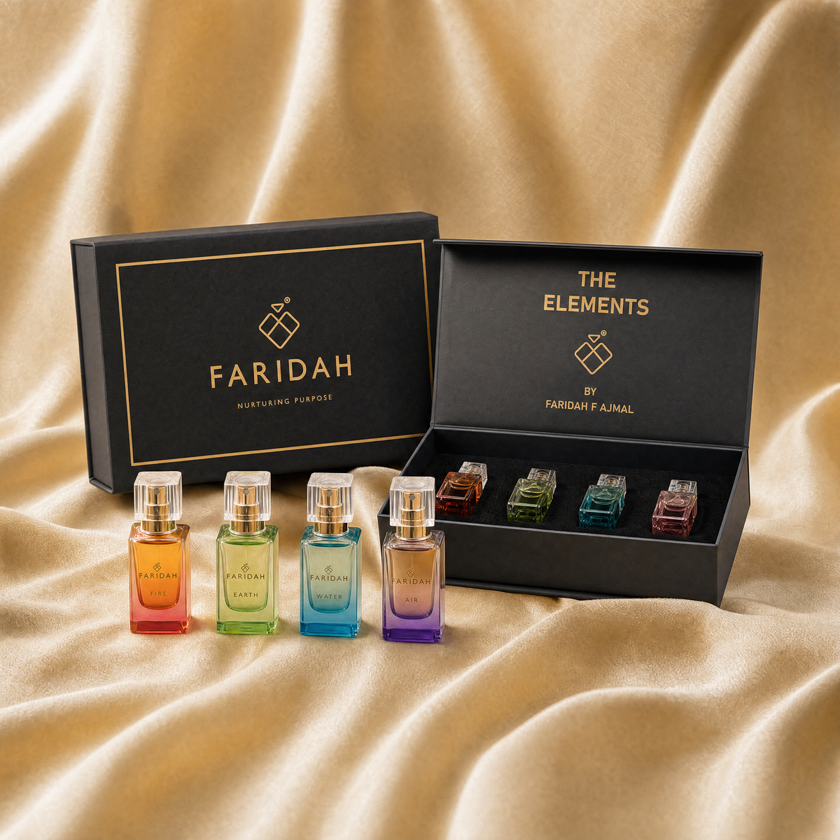 The Elements Box - Faridah luxury perfume set with presentation packaging and four element-inspired bottles