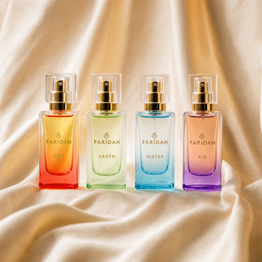 The Elements Box - Faridah luxury perfume travel set with four element-inspired mini bottles in presentation packaging