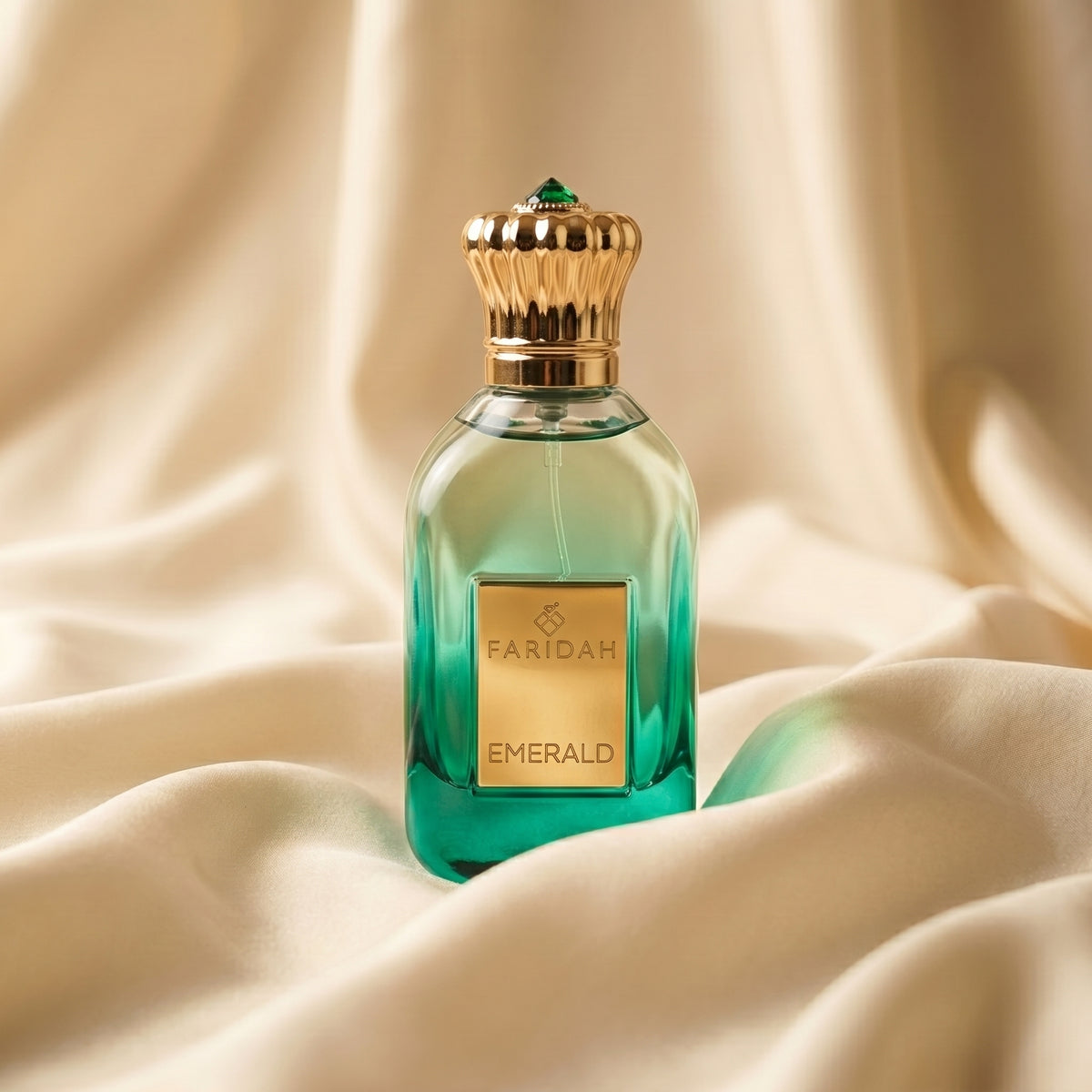 Emerald Gems Collection by Faridah luxury non-alcoholic perfume in green glass bottle