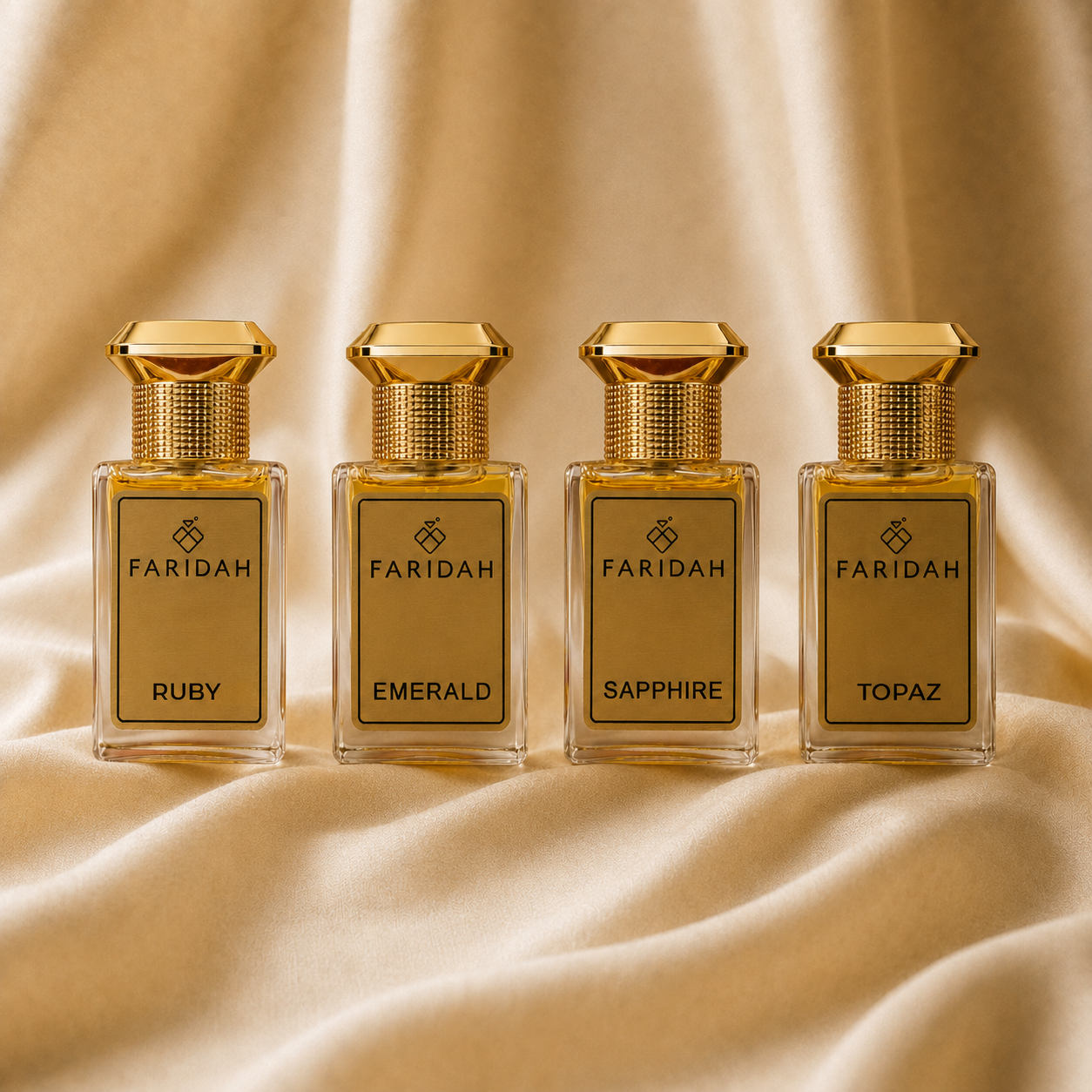 Gems Gift Set 30ml - Faridah luxury perfume collection with four gem-inspired bottles on golden silk