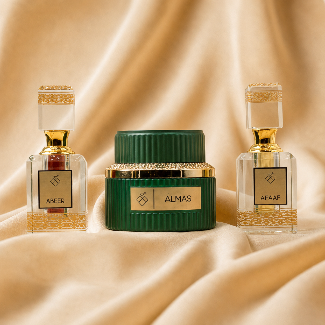 FARIDAH Gift Box - Luxury perfume set with Abeer, Almas, and Afaaf fragrances on golden silk