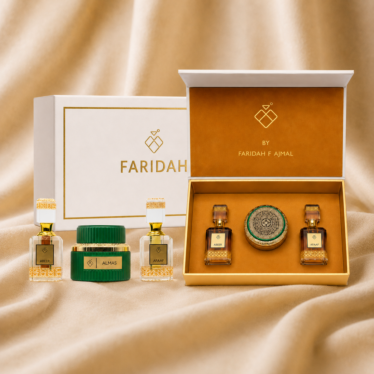 FARIDAH Gift Box - Luxury perfume set with bottles and presentation box on beige fabric