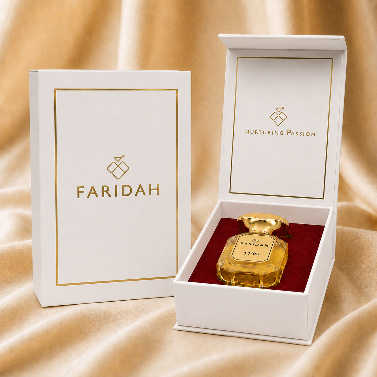 Faridah Royal 11/03 30ml luxury perfume bottle close-up, gold cap detail