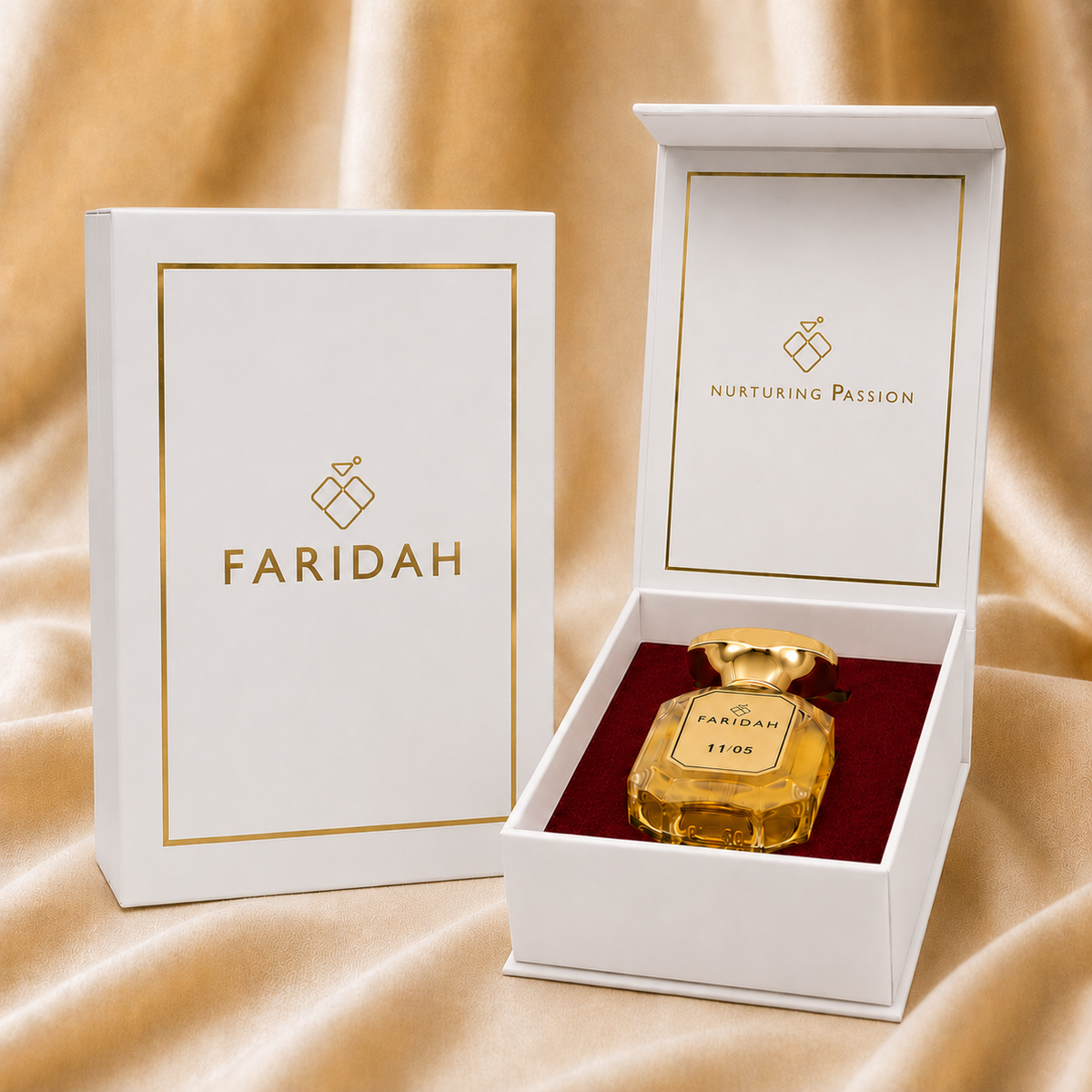 Faridah Royal 11/05 30ml luxury perfume bottle close-up, gold cap detail