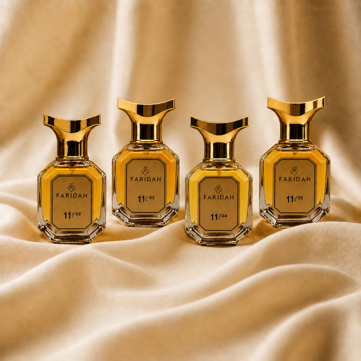 Royal Gift Set 30ml - Faridah luxury perfume collection with four gold-capped bottles on golden silk fabric