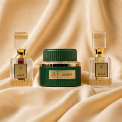 FARIDAH Gift Box - Luxury perfume set with Abeer, Almas, and Afaaf fragrances on golden silk
