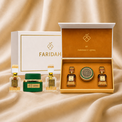 FARIDAH Gift Box - Luxury perfume set with bottles and presentation box on beige fabric