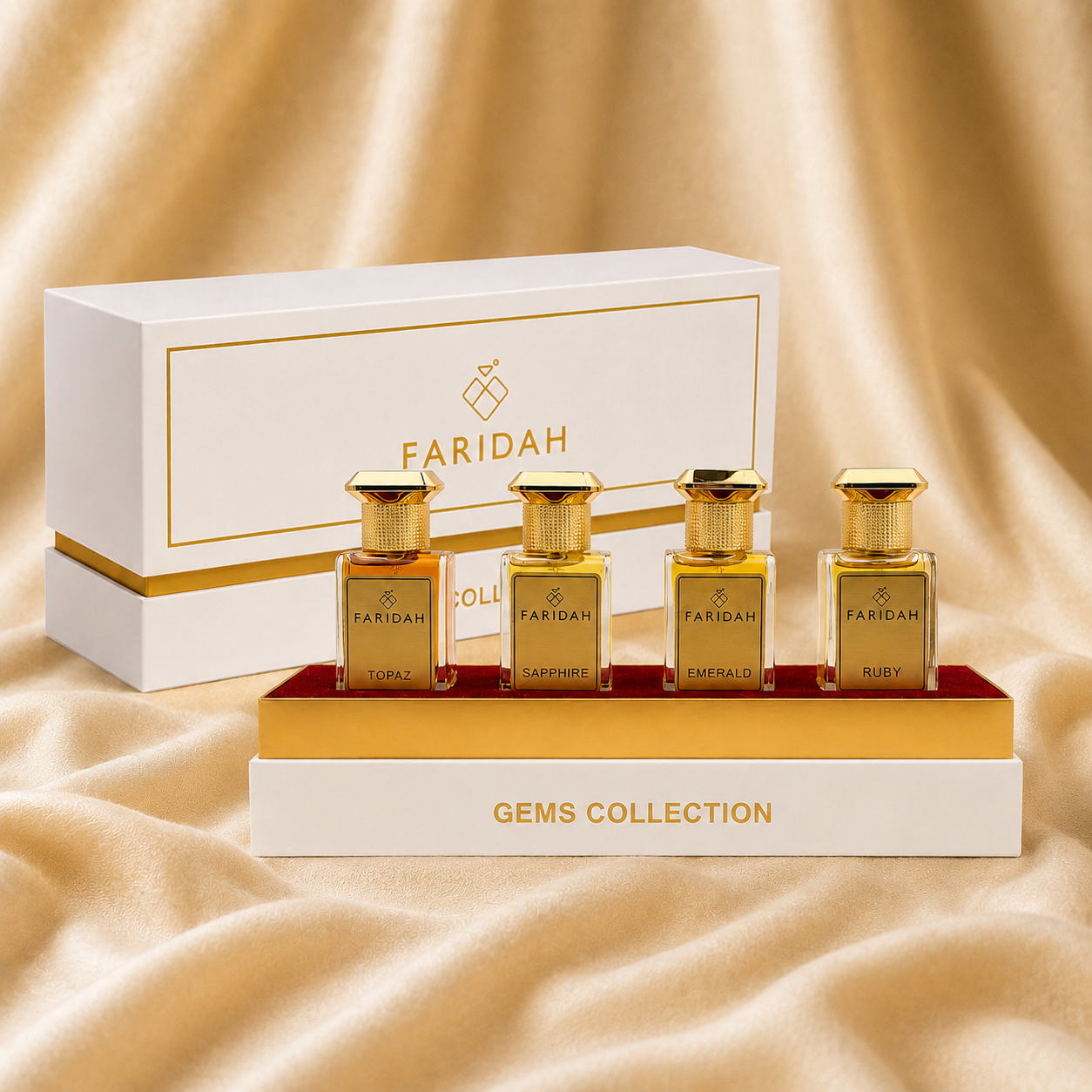 Gems Gift Set 30ml - Faridah luxury perfume gift box with Ruby, Emerald, Sapphire and Topaz fragrances
