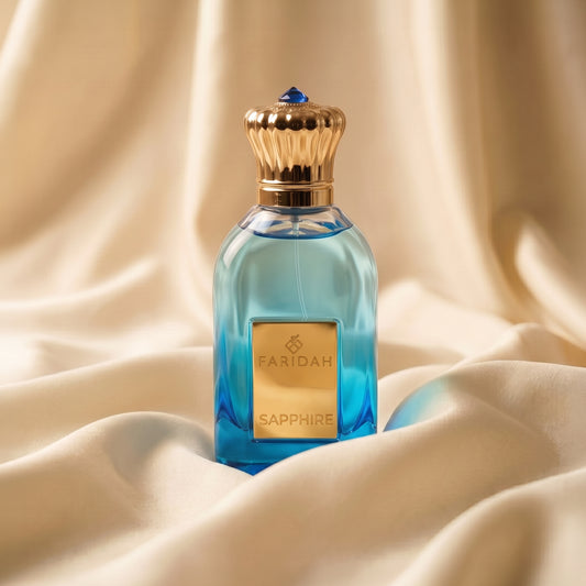 Sapphire Gems Collection by Faridah luxury non-alcoholic perfume in blue glass bottle